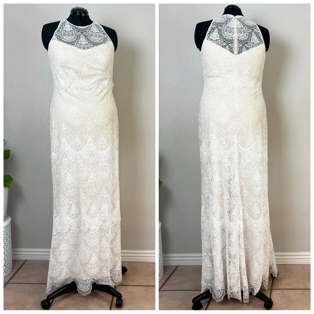 TADASHI SHOJI Women’s Size 16 Ivory Sleeveless Caye Racer Neck Lace Wedding Gown - Picture 2 of 13